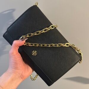 Tory Burch Black Leather Clutch with Gold Chain